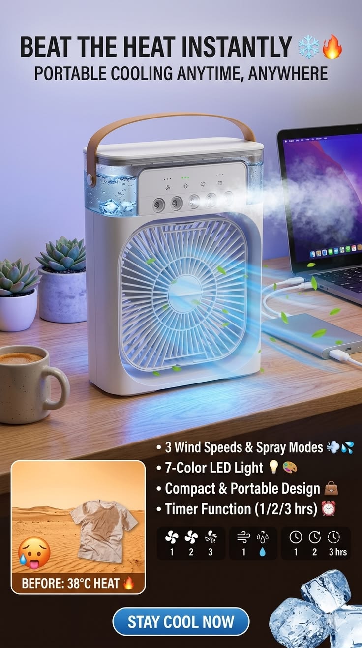 Portable Mini Air Cooler Fan – USB Room Cooling Fan with LED Light & Mist Spray