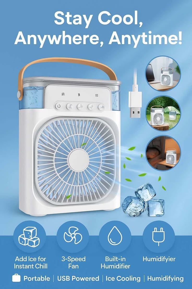 Portable Mini Air Cooler Fan – USB Room Cooling Fan with LED Light & Mist Spray