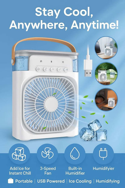 Portable Mini Air Cooler Fan – USB Room Cooling Fan with LED Light & Mist Spray