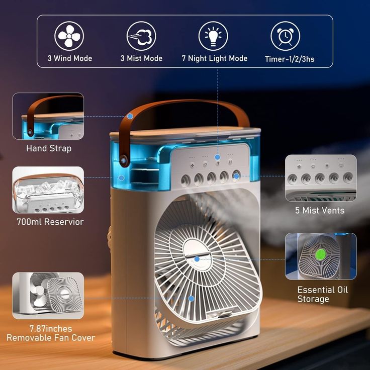 Portable Mini Air Cooler Fan – USB Room Cooling Fan with LED Light & Mist Spray
