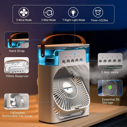 Portable Mini Air Cooler Fan – USB Room Cooling Fan with LED Light & Mist Spray